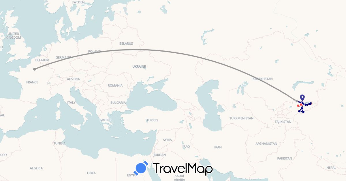 TravelMap itinerary: driving, plane, hiking in France, Kyrgyzstan (Asia, Europe)