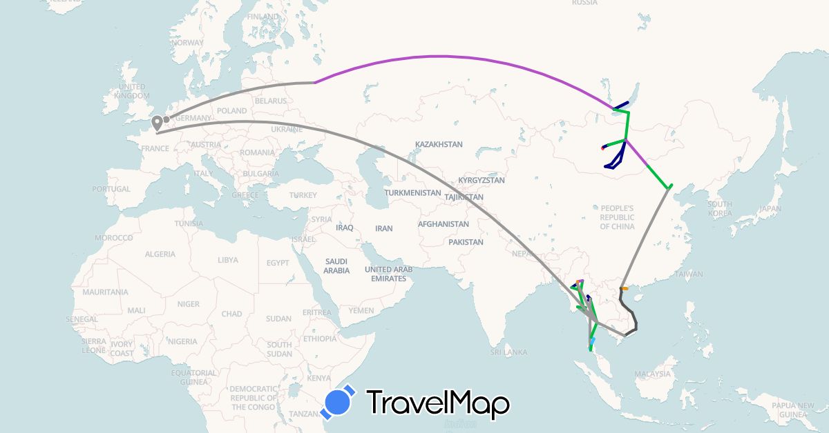 TravelMap itinerary: driving, bus, plane, train, hiking, boat, hitchhiking, motorbike in Belgium, China, France, Myanmar (Burma), Mongolia, Russia, Thailand, Vietnam (Asia, Europe)